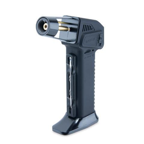 A close-up, angled view of the Volt Butane Torch Lighter with Dab Tool, showing its black casing and metallic nozzle.