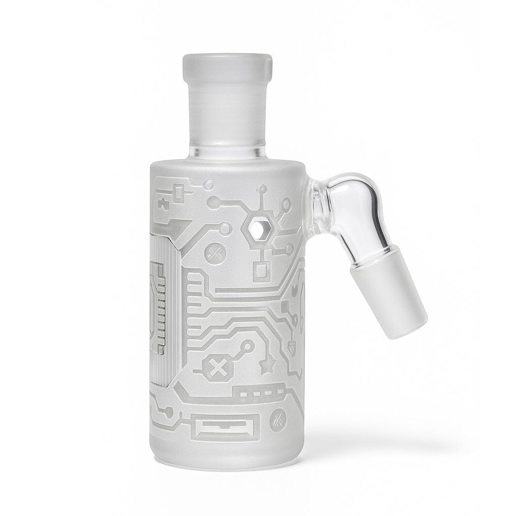 Front view of the Milkyway Circuitboard Wet Ash Catcher showing its frosted glass cylinder with etched circuitboard patterns and a clear angled joint.