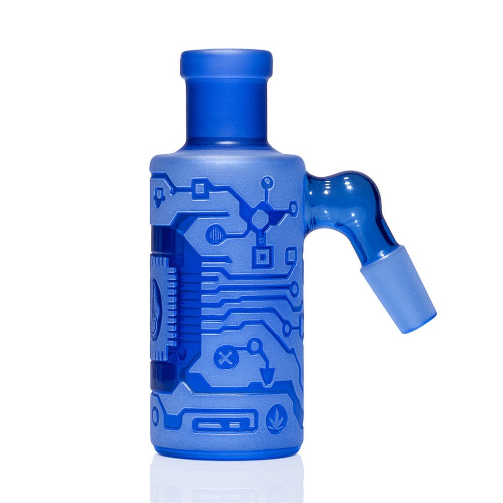 Front-facing studio shot of the Milkyway Circuitboard Wet Ash Catcher in translucent blue with circuit-like etched patterns and a right-angled joint.
