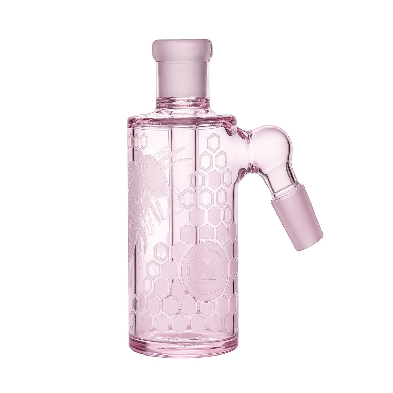 Close-up front view of the pink Milkyway Bee Hive Wet Ash Catcher showing its honeycomb and bee etching, angled side joint visible.