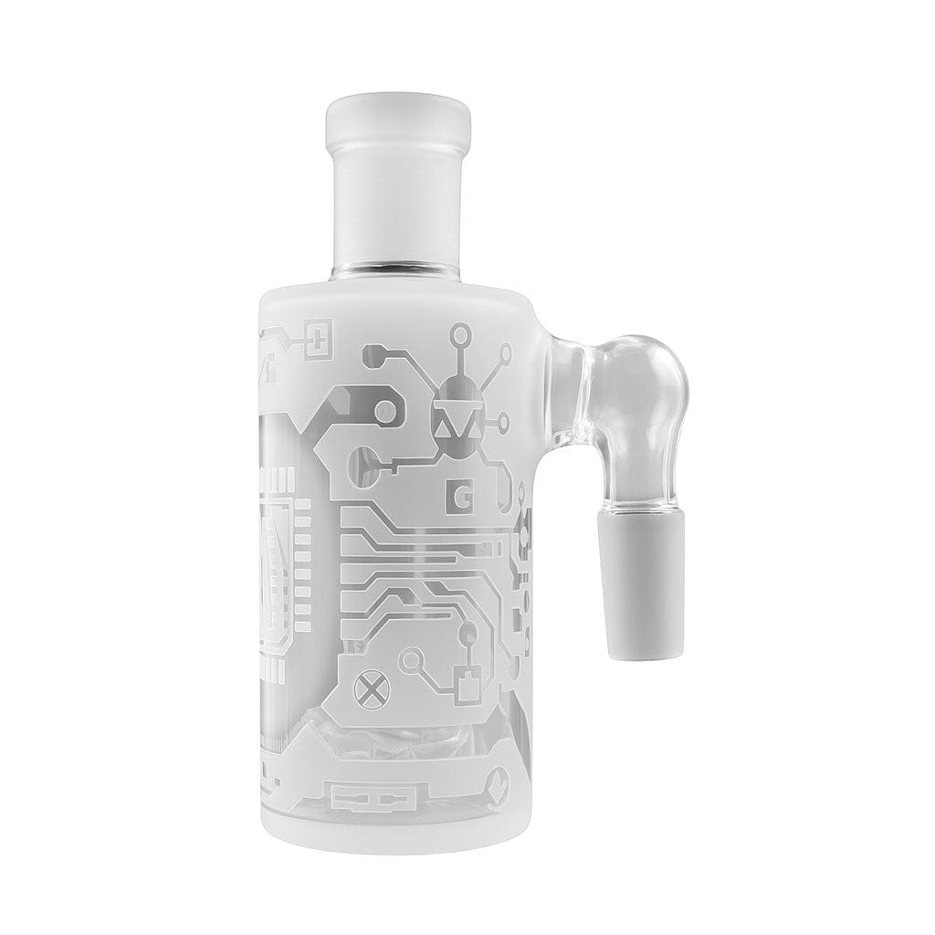 Front three-quarter view of the Milkyway Circuitboard Wet Ash Catcher showing its frosted glass body with etched circuitboard pattern and clear angled joint.