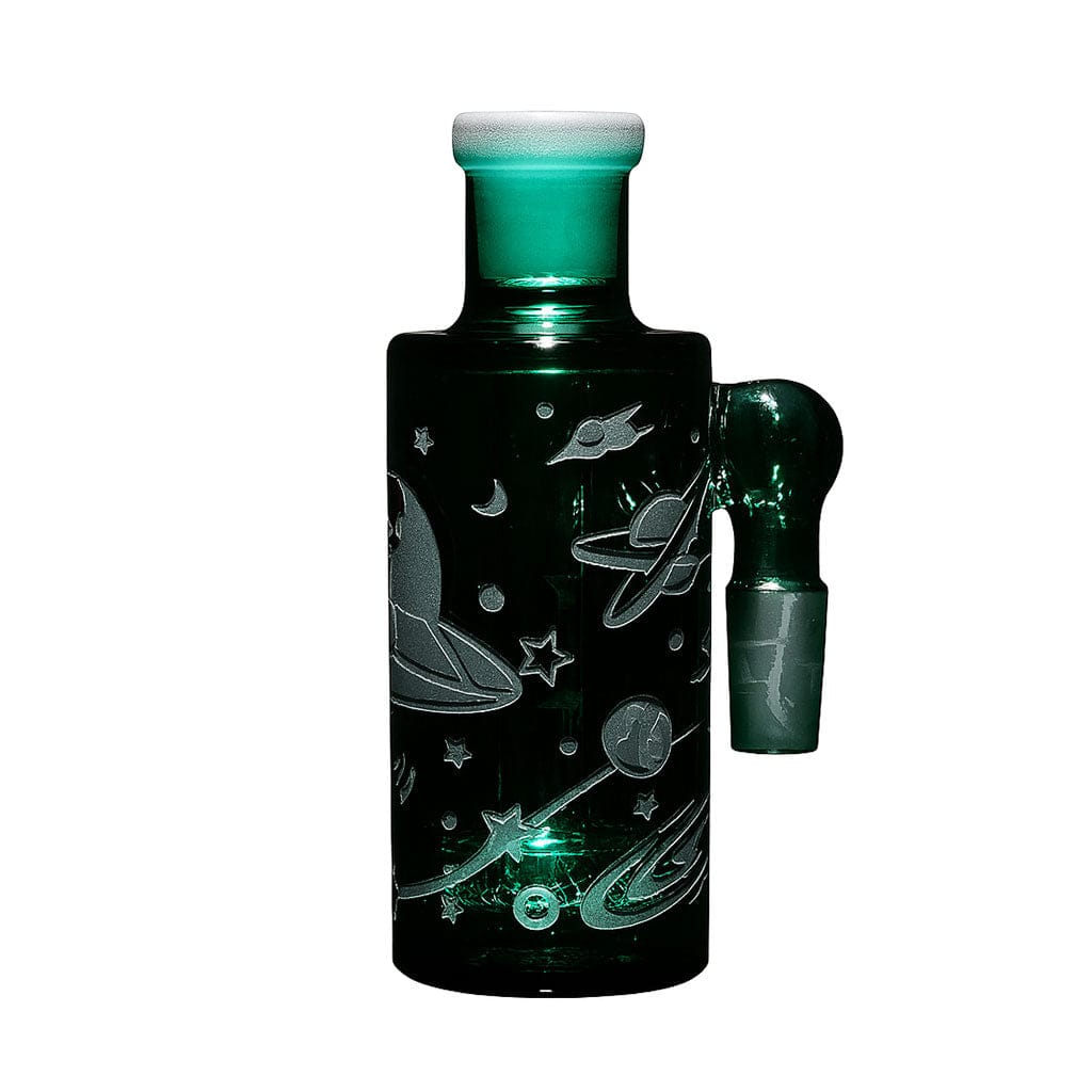 Center-front view of the Milkyway Space Odyssey Wet Ash Catcher in deep green glass etched with planets, stars, and swirling space motifs.
