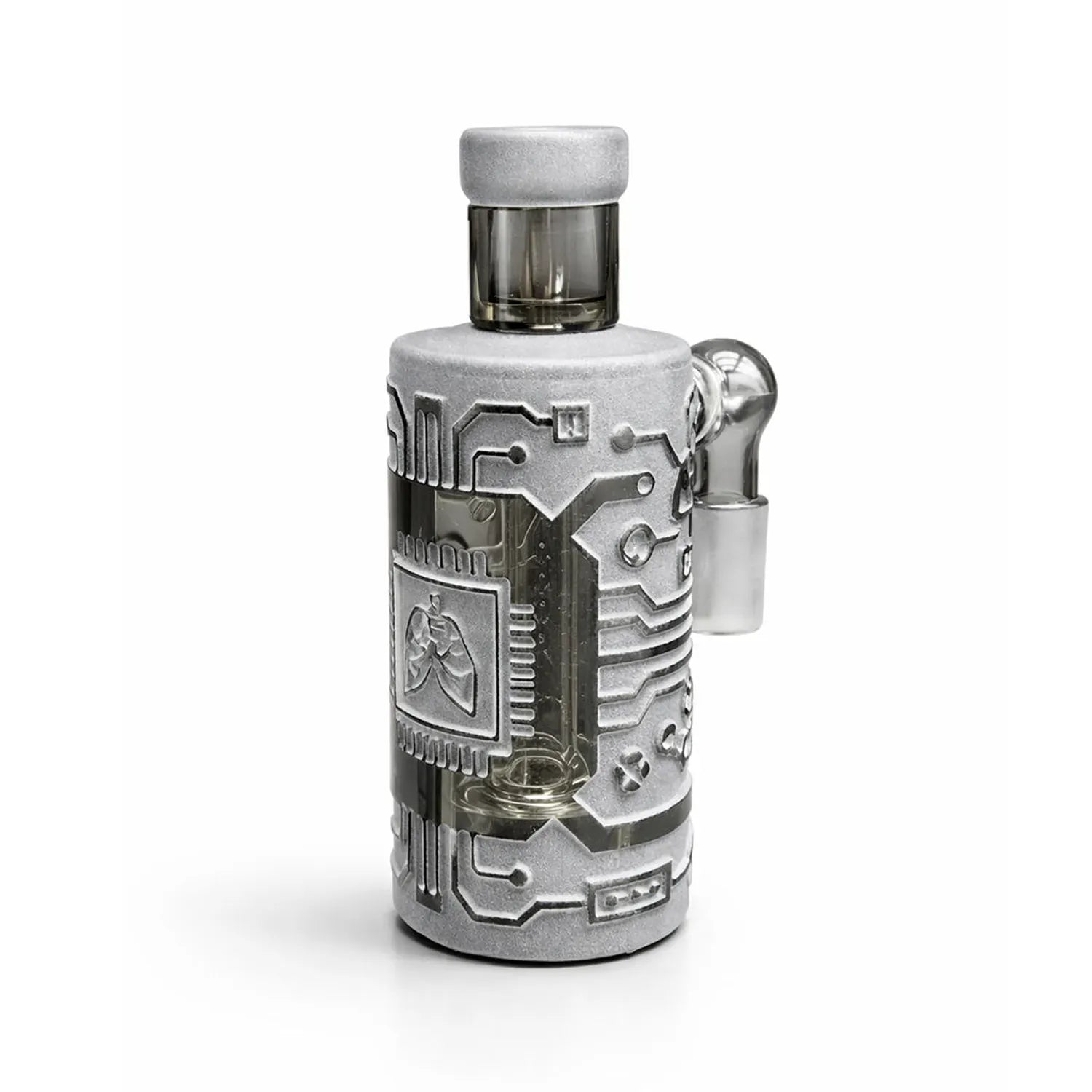 Close-up front view of the Milkyway Circuitboard Wet Ash Catcher showing its clear glass chamber wrapped in a textured silver circuitboard-patterned sleeve and angled glass joint.
