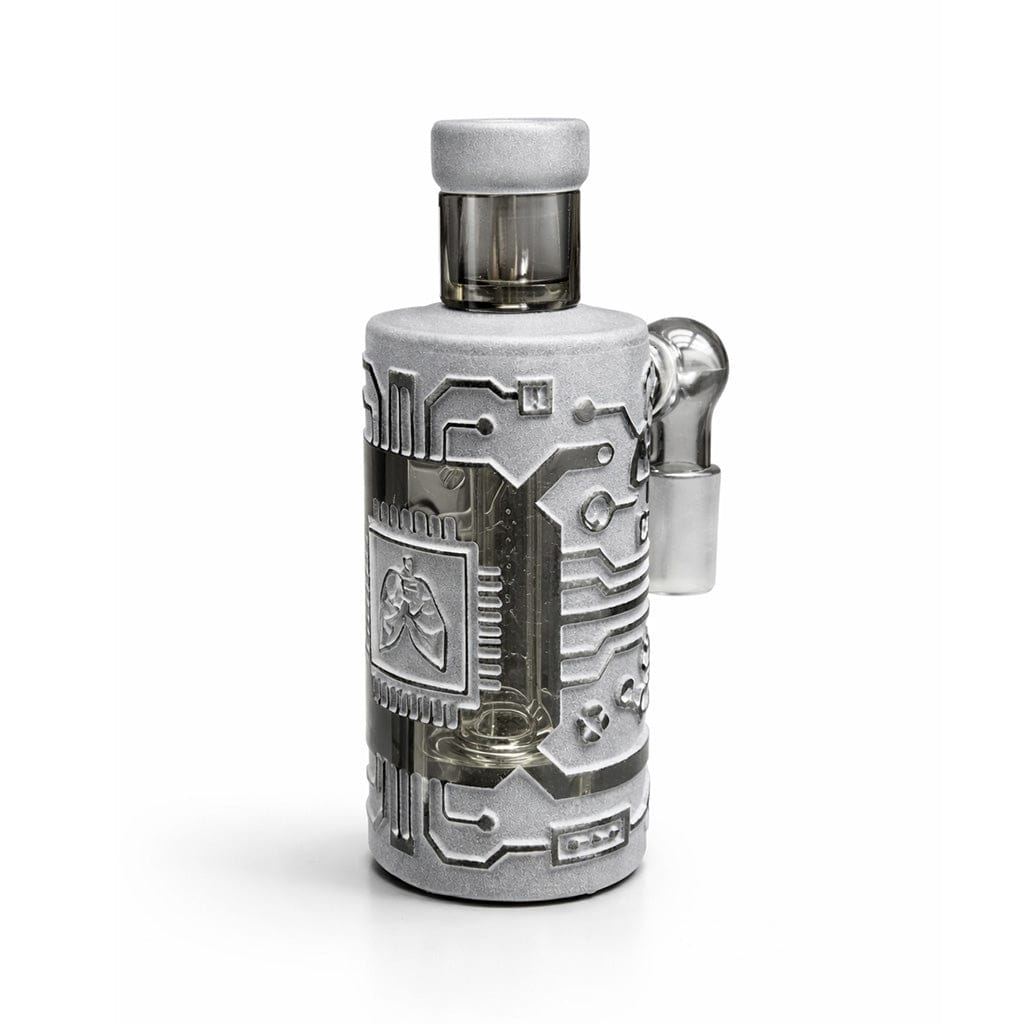 Front three-quarter view of the Milkyway Circuitboard Wet Ash Catcher showing its silver circuit-patterned exterior, clear glass chamber, and side joint on a white background