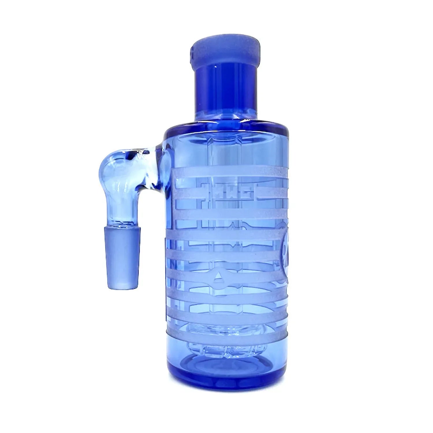 Close-up front view of the blue Milkyway Universe Ash Catcher showing its cylindrical body with horizontal frosted stripes and an angled side joint.