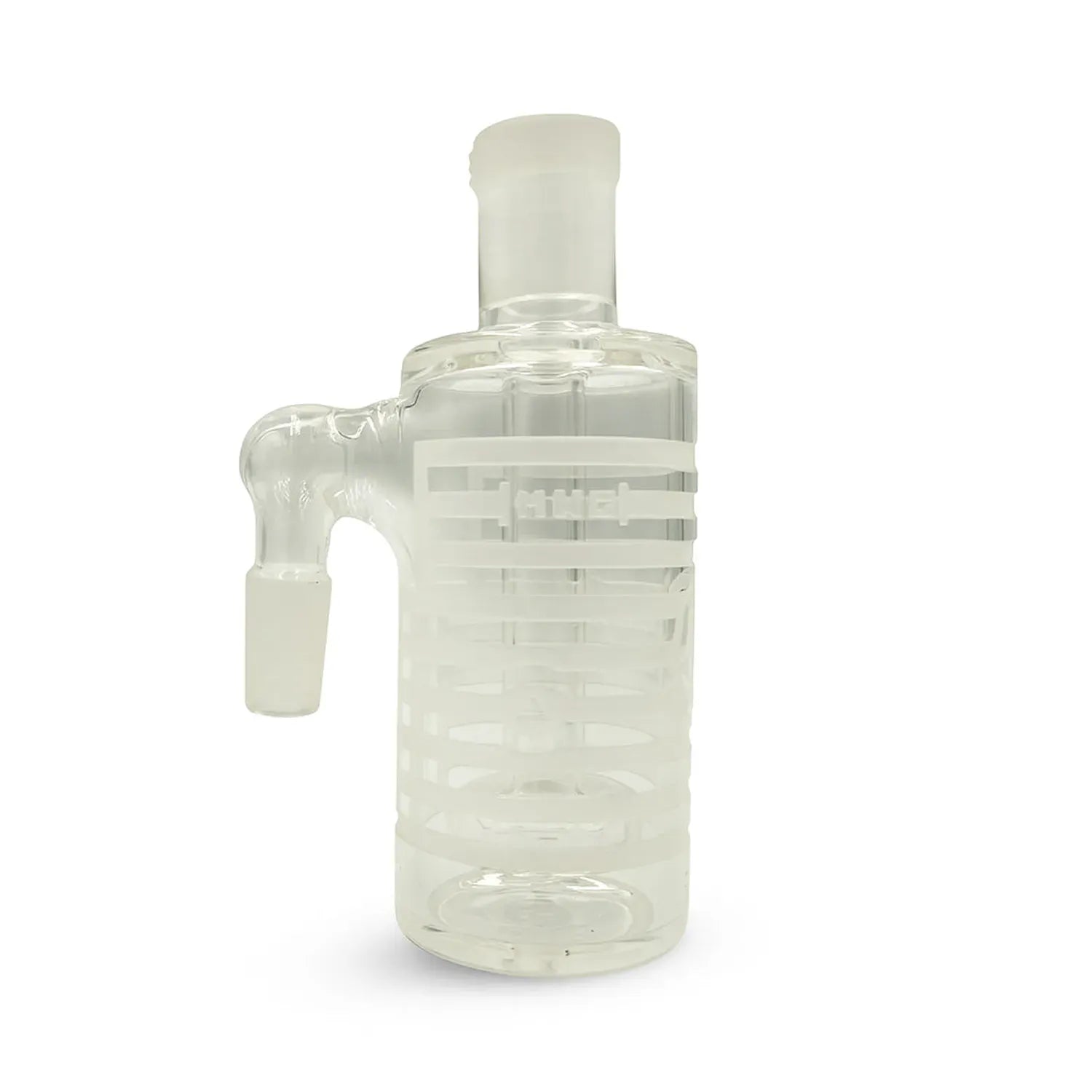 Close-up, front view of the translucent Milkyway Universe Ash Catcher showing its frosted 90° joint and layered internal percolator against a white background