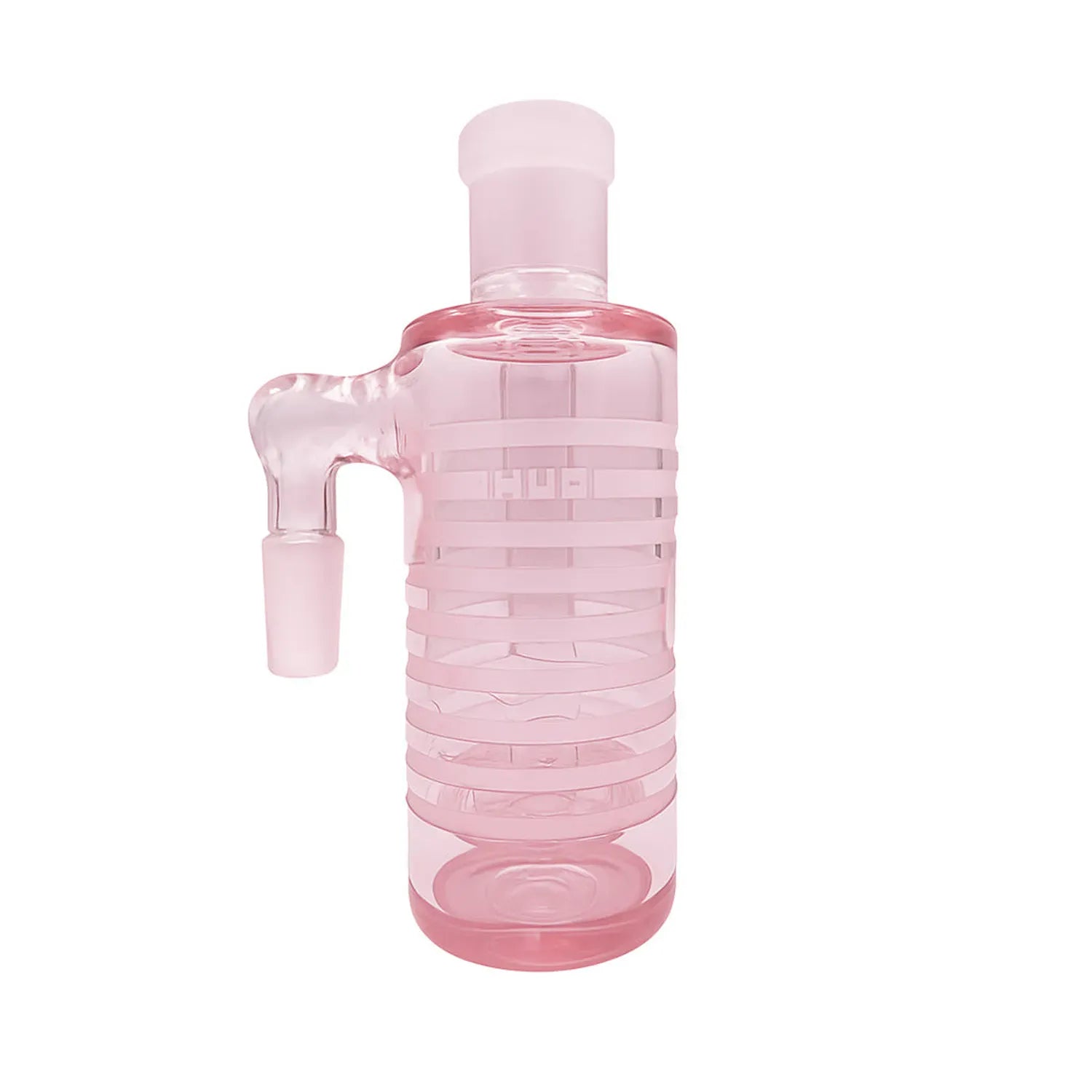 Vertical close-up of a translucent pink Milkyway Universe Ash Catcher showing its 90° side arm and stacked spiral chamber against a white background