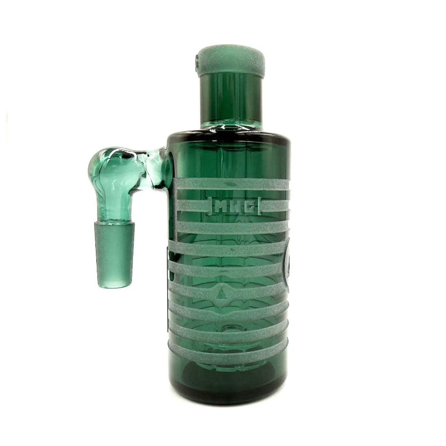Close-up front view of the green Milkyway Universe Ash Catcher showing its 90° male joint and textured horizontal bands against a white background.
