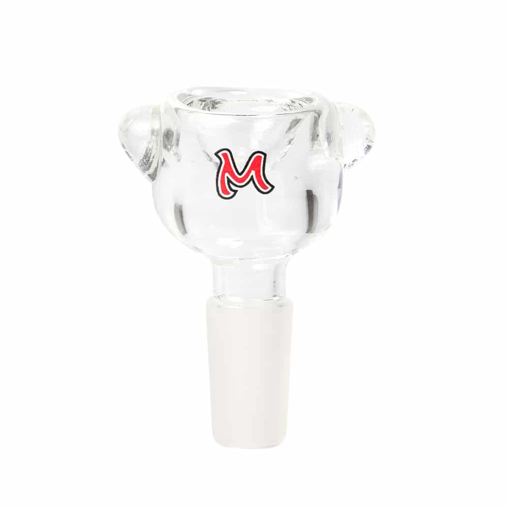A front view of the Dirty Harry 40| a clear glass piece with a rounded base and a cylindrical neck.