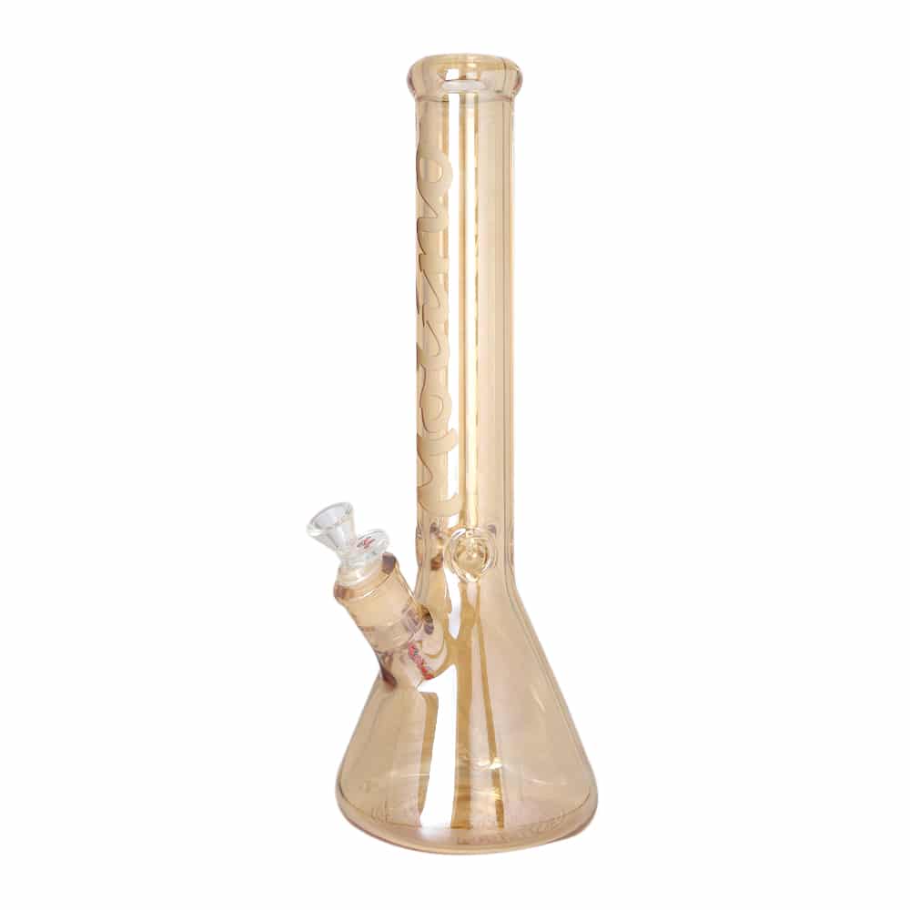 Front view of the Golden Medusa Bong, a tall, clear glass beaker with a simple, streamlined design.