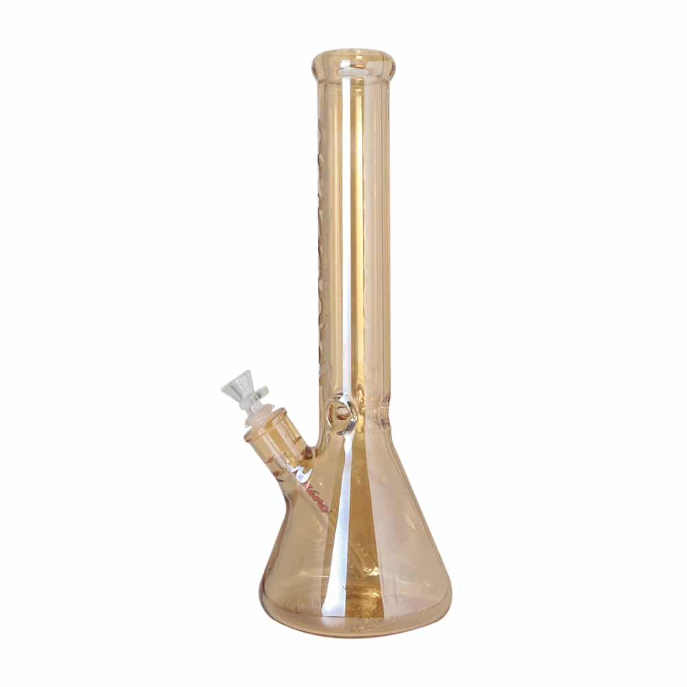A three-quarter view of the Golden Medusa Bong, showcasing its golden hue and classic beaker shape.