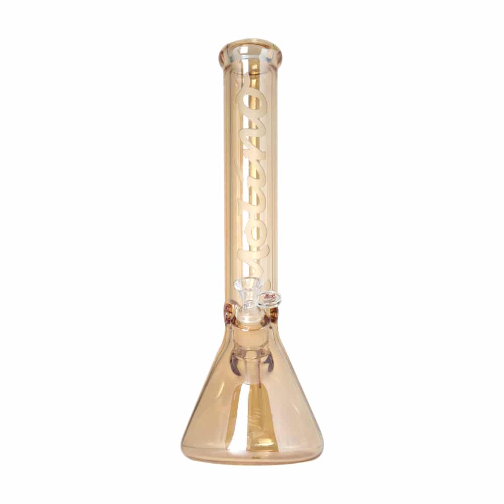 Front view of the Golden Medusa Bong, a golden-tinted glass piece with a classic beaker shape and simple design.