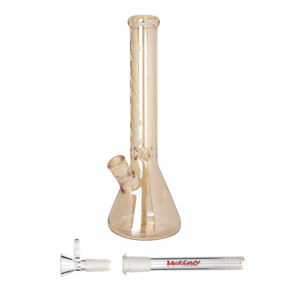 A side view of the Golden Medusa Bong, a tall, amber-colored glass piece with a classic beaker shape.