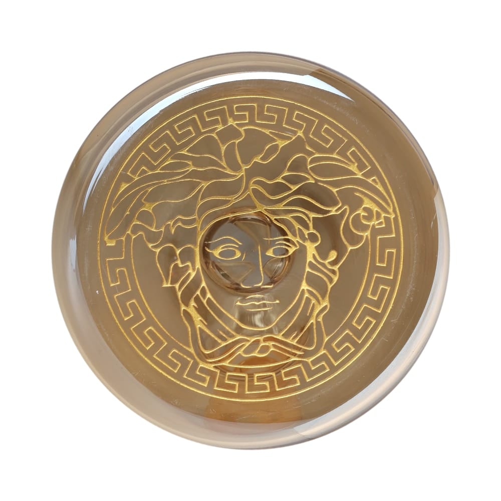 Front view of the Golden Medusa Bong, showcasing the golden Medusa head detailed on the glass surface.