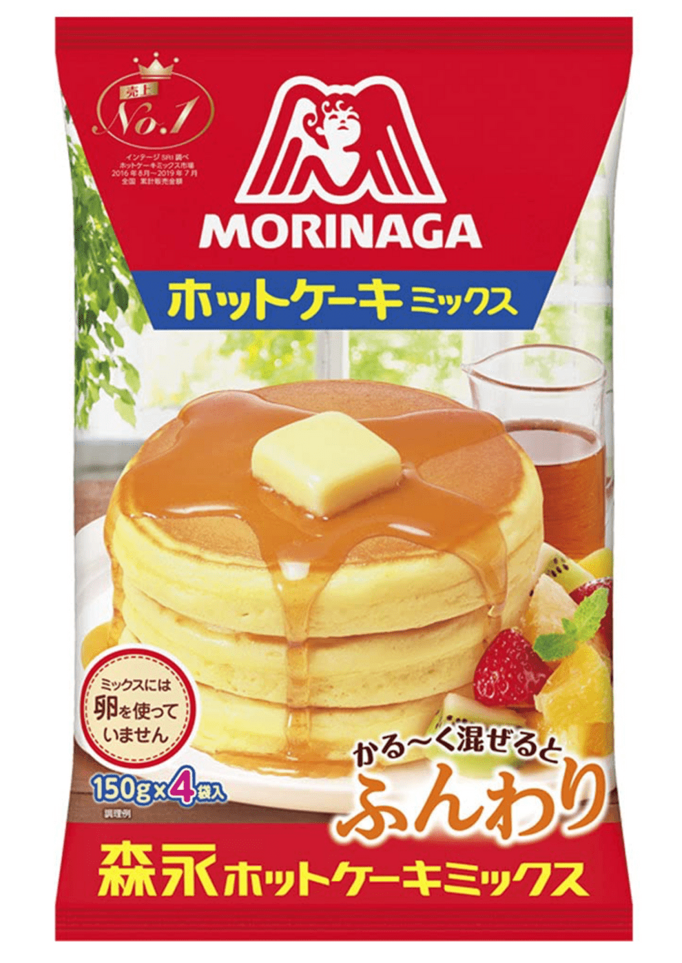 Front view of the Morinaga Fluffy Hot Pancake Mix packaging, displaying Japanese text and a small, stylized illustration.