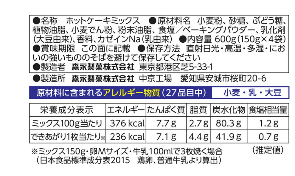 Fluffy Hot Pancake Mix packaging with Japanese text, displaying nutritional information and ingredients in a close-up shot.
