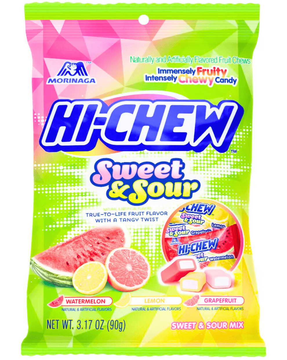 Front view of the Hi-Chew Fruity Chewy Candy packaging with a colorful, angled design and prominent branding.