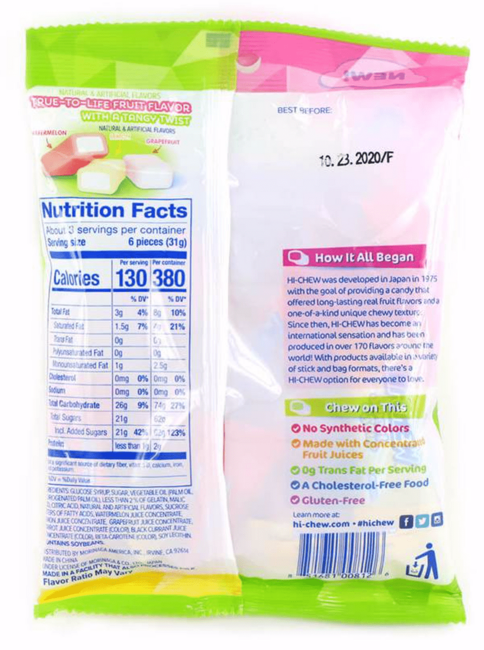 A close-up of the Hi-Chew Fruity Chewy Candy packaging displays nutrition facts with a vibrant, diagonal color scheme.