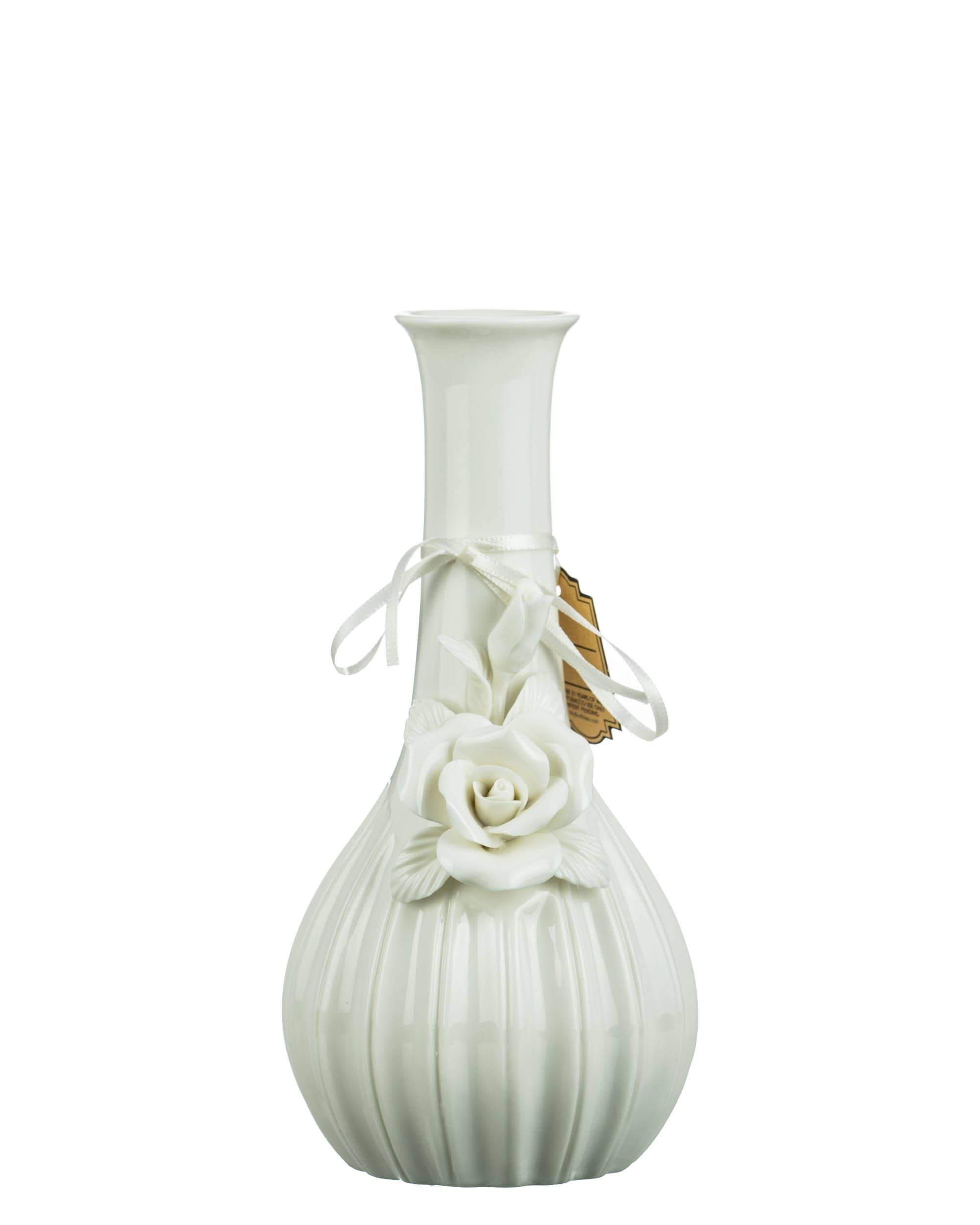 Centered front view of the white My Bud Vase Rose Porcelain Vase Bong showing its fluted body and molded rose with ribbon tied at the neck