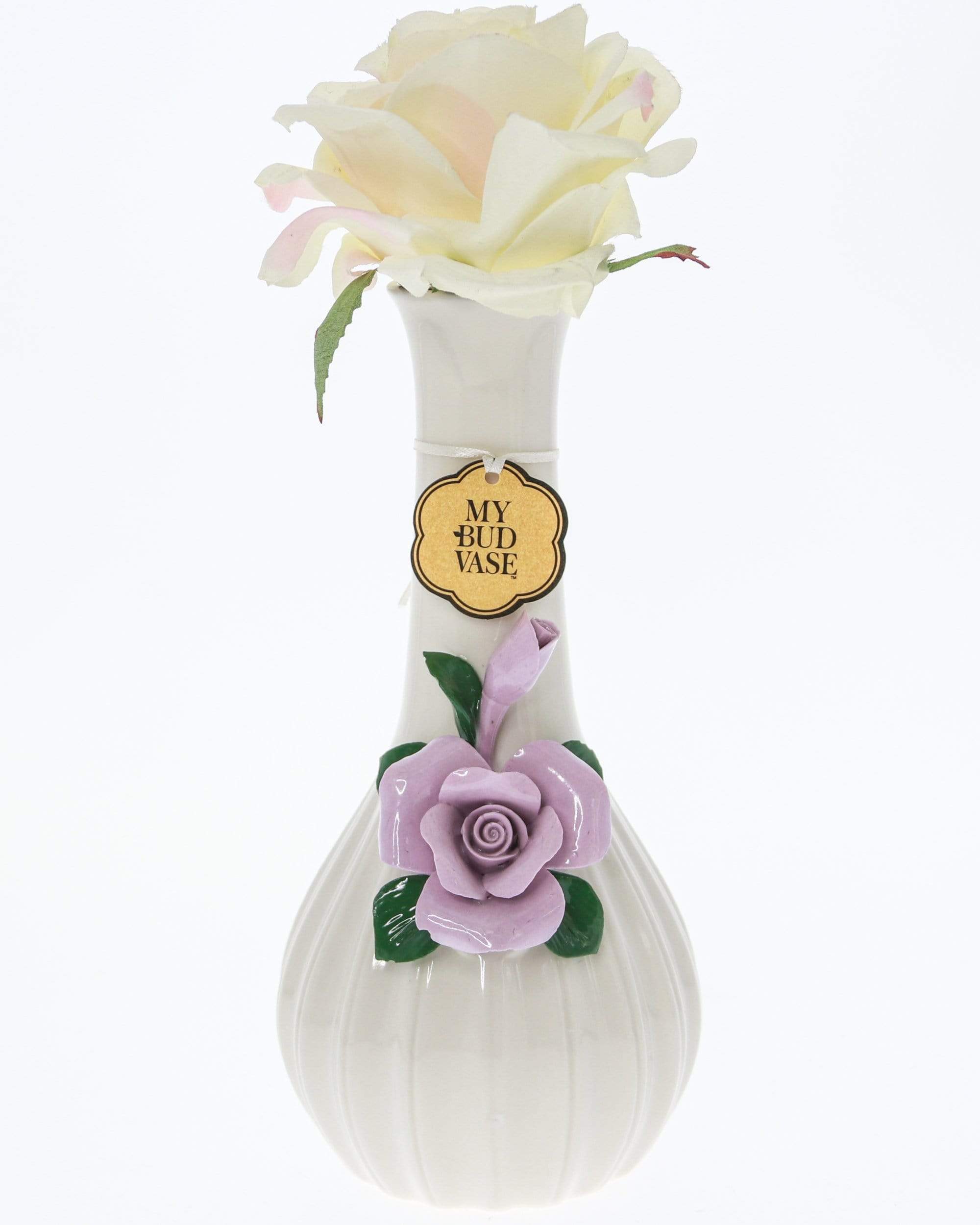 Centered vertical view of a white My Bud Vase Rose Porcelain Vase Bong with a pale rose blossom at the neck and a lavender ceramic rose on its body
