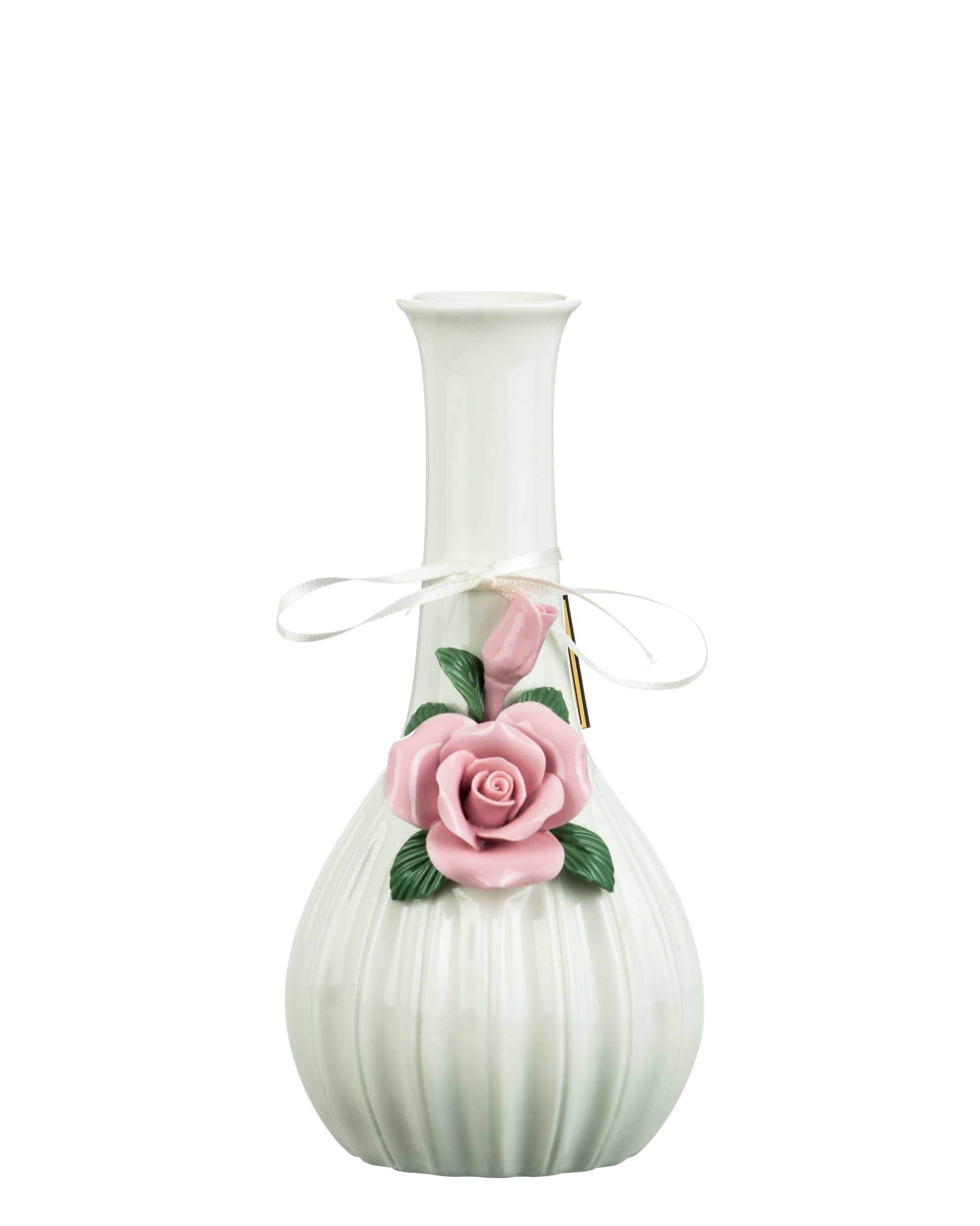 Centered front view of the My Bud Vase Rose Porcelain Vase Bong showing a white fluted body with a pink porcelain rose and ribbon near the neck
