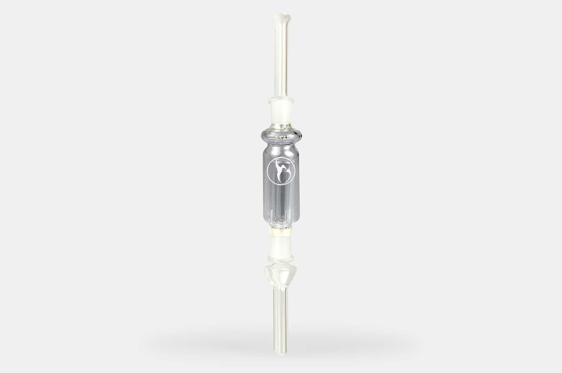 Straight-on view of a clear glass Nectar Collector Wildbird Kit standing upright on a light gray background with its cylindrical body and long slender mouthpiece reflected below.