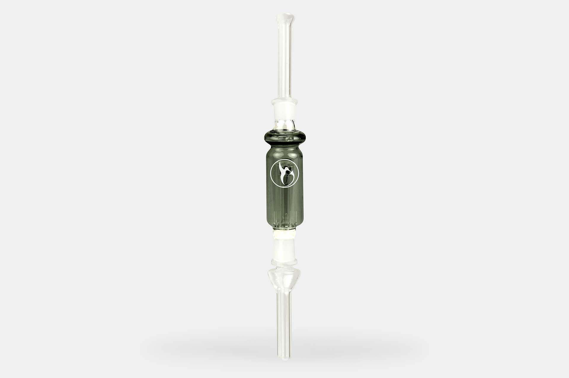 Centered studio front view of the Nectar Collector Wildbird Kit showing its vertical clear glass tube and dark green body with a white bird logo.