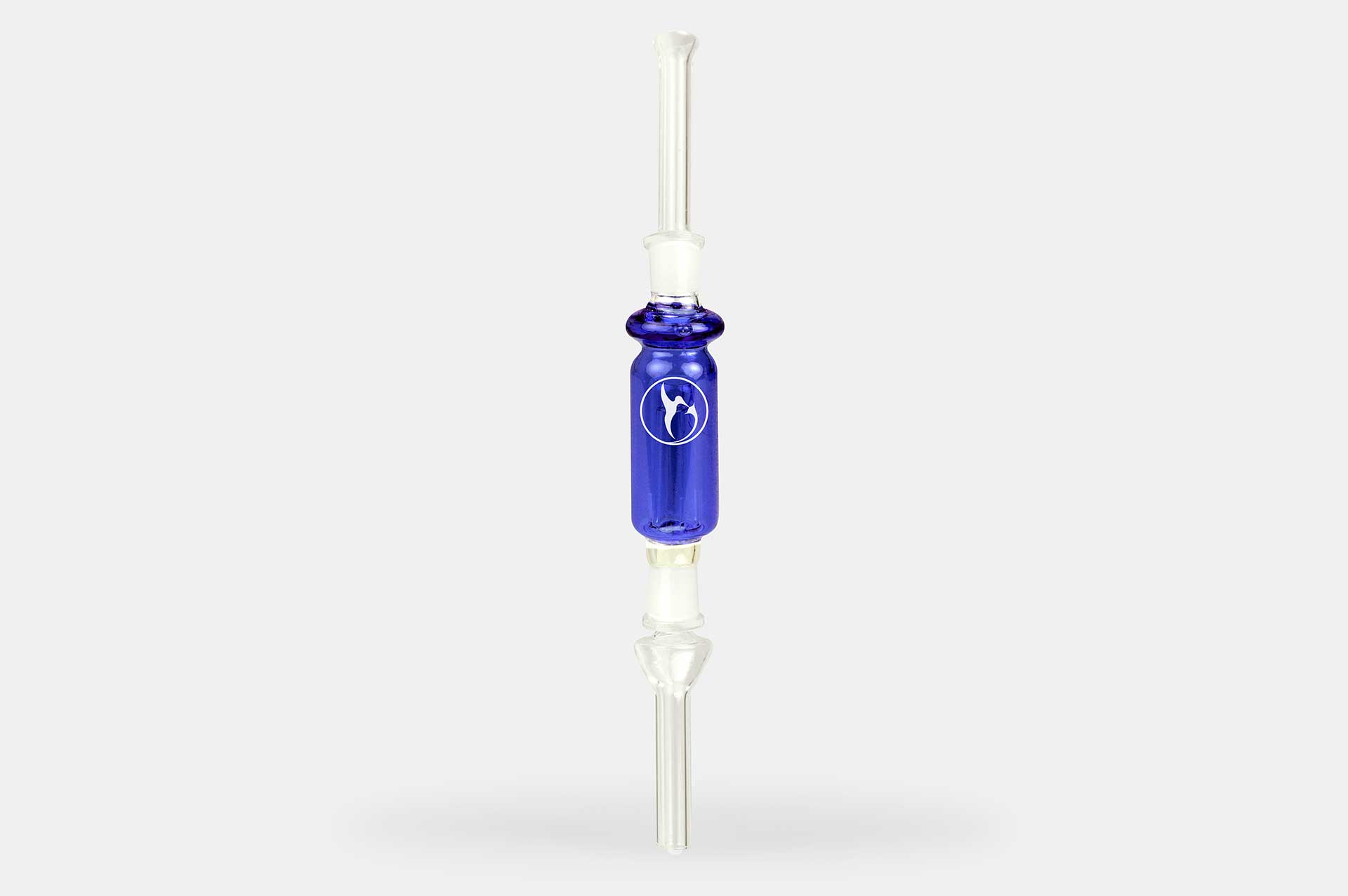 Centered, vertical studio shot of a blue glass Nectar Collector Wildbird Kit piece with a white bird logo against gray.