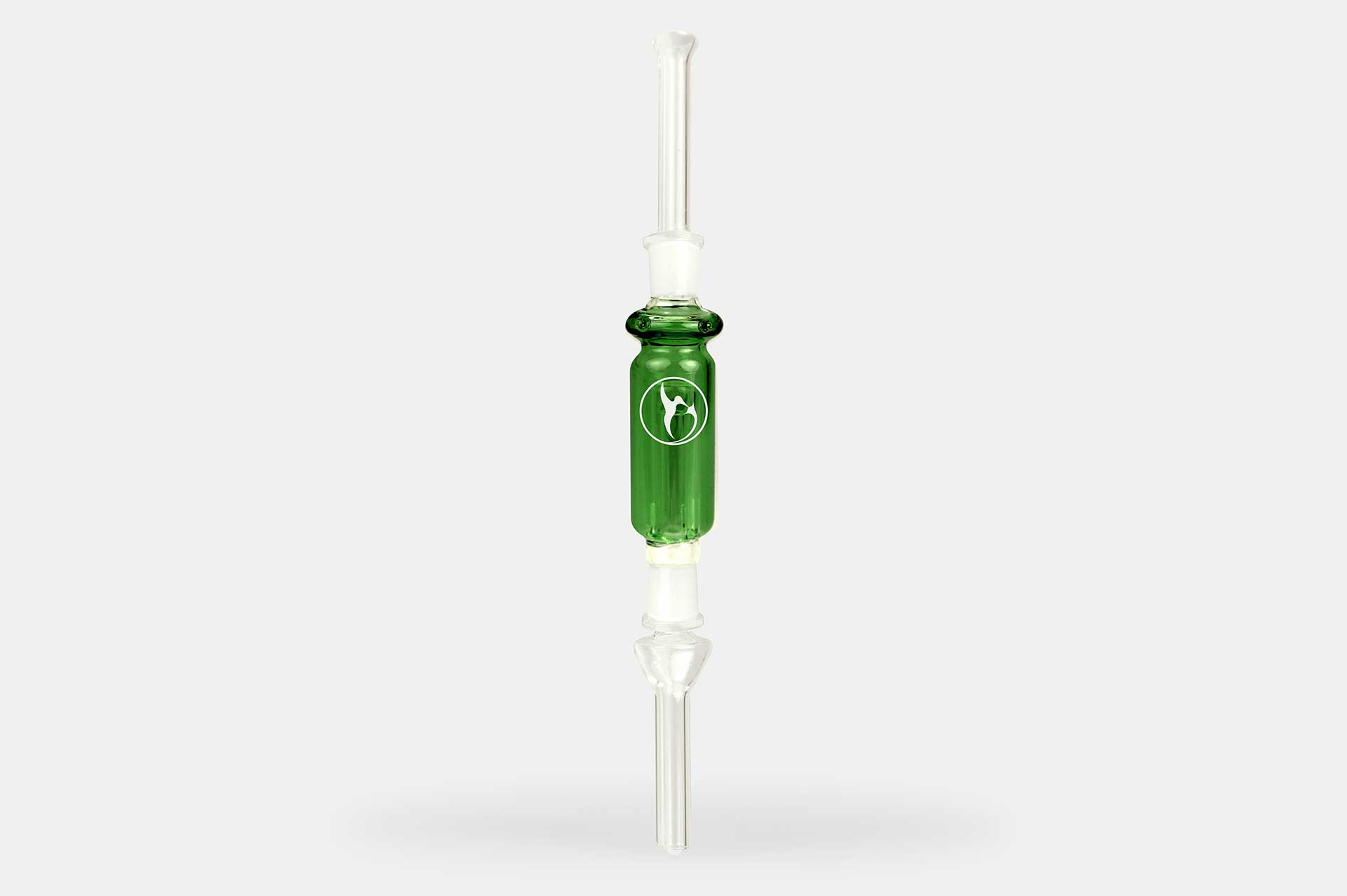 Center-frontal shot of the green-glass Nectar Collector Wildbird Kit against a light gray background, showing its long clear mouthpiece and reflected base.