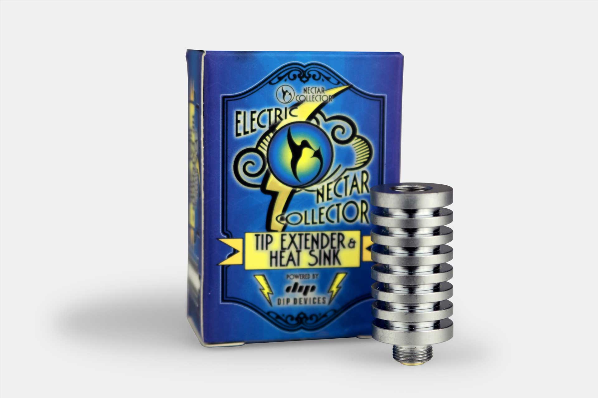 Close-up, front-right view of the Nectar Collector E-Tip Extender & Heat Sink stacked metal rings beside its blue branded box.