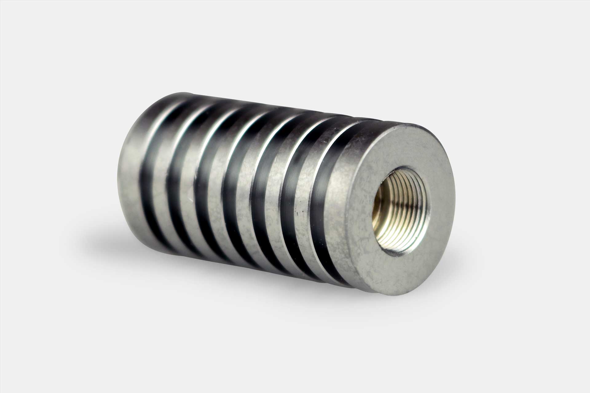 Angled close-up of the metallic Nectar Collector E-Tip Extender & Heat Sink showing its ribbed cooling fins and threaded hollow end against a pale background