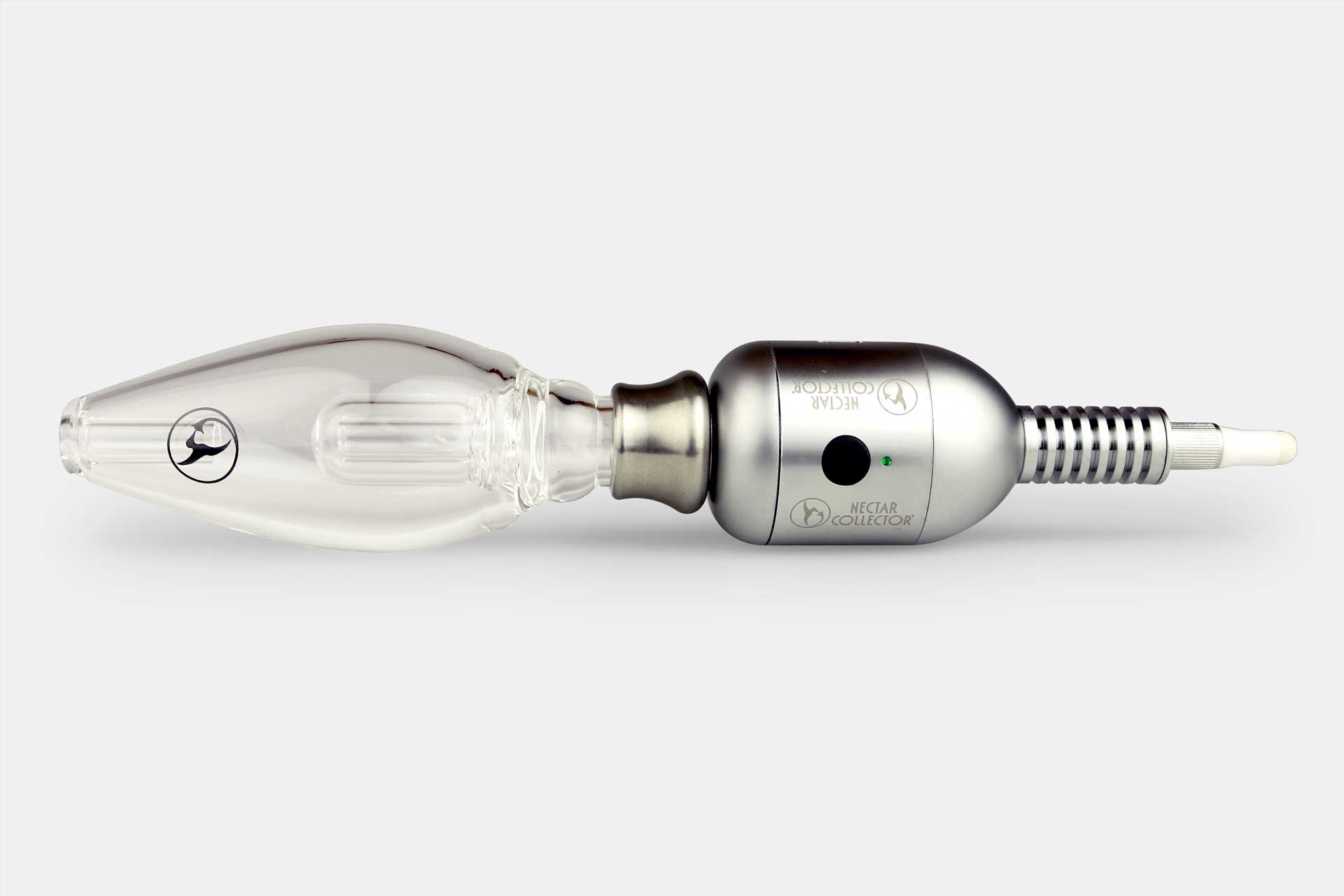 Side profile on a white background of the Nectar Collector E-Tip Extender & Heat Sink showing the clear glass tip connected to the matte silver heat sink body.