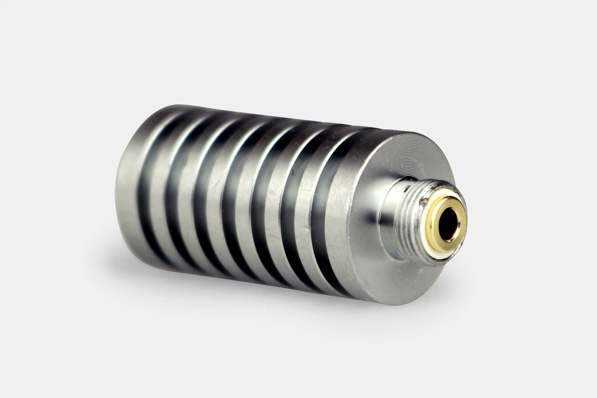 Close-up angled view of the metallic Nectar Collector E-Tip Extender & Heat Sink showing its concentric end face and stacked cooling fins.