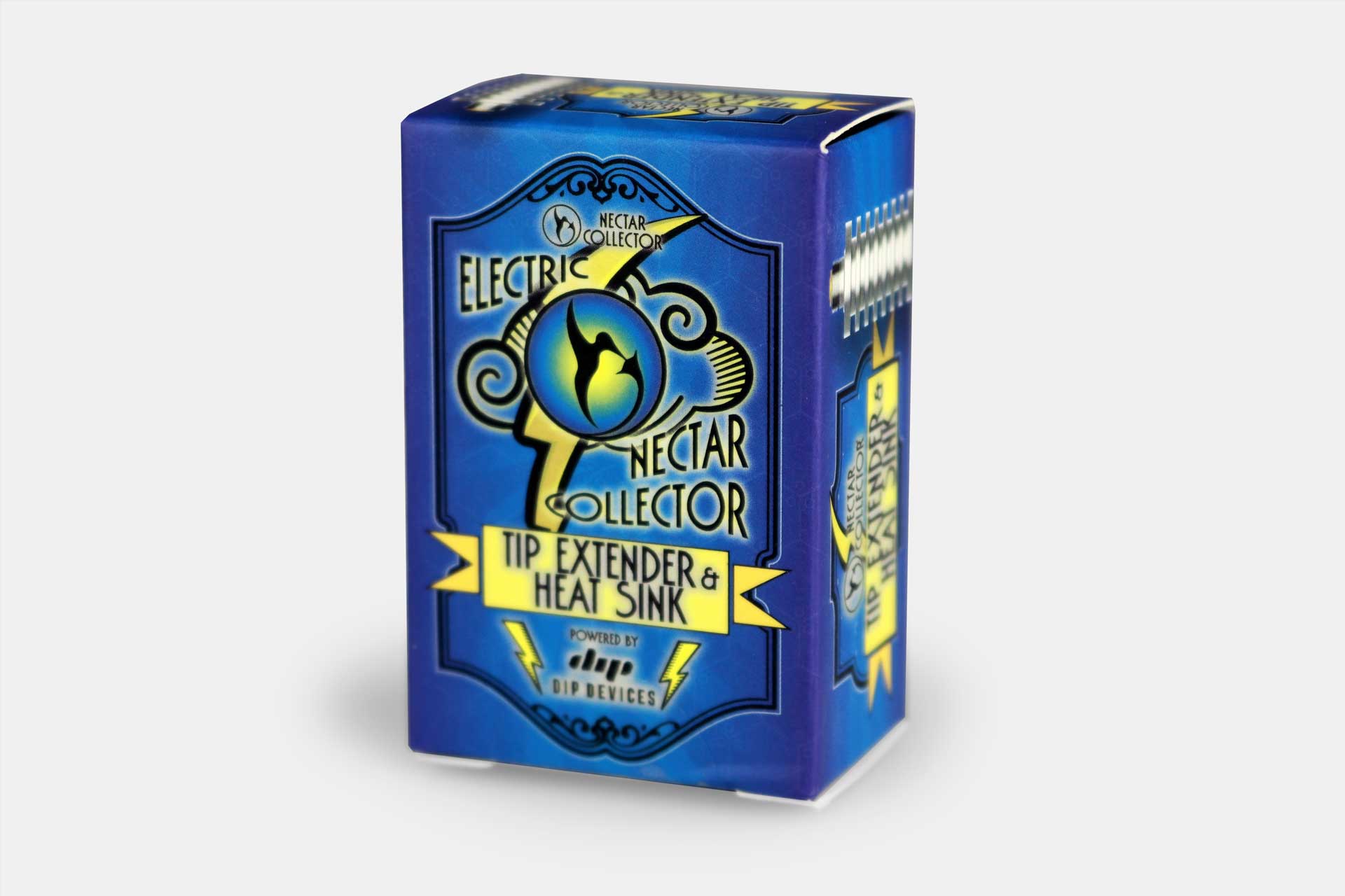 Angled front view of the blue Nectar Collector E-Tip Extender & Heat Sink retail box with bold logo and yellow banner artwork.