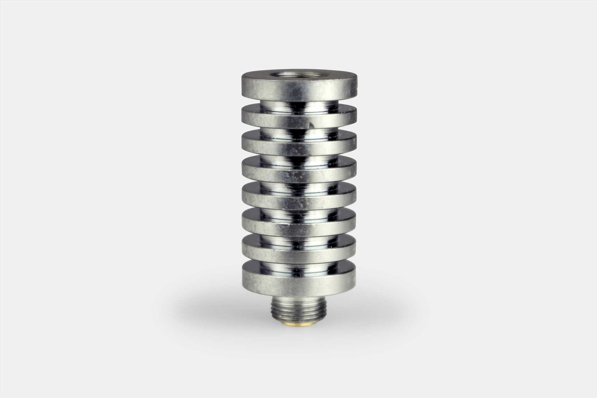 Close-up front view of the metallic Nectar Collector E-Tip Extender & Heat Sink stacked cooling fins against a pale gray background.