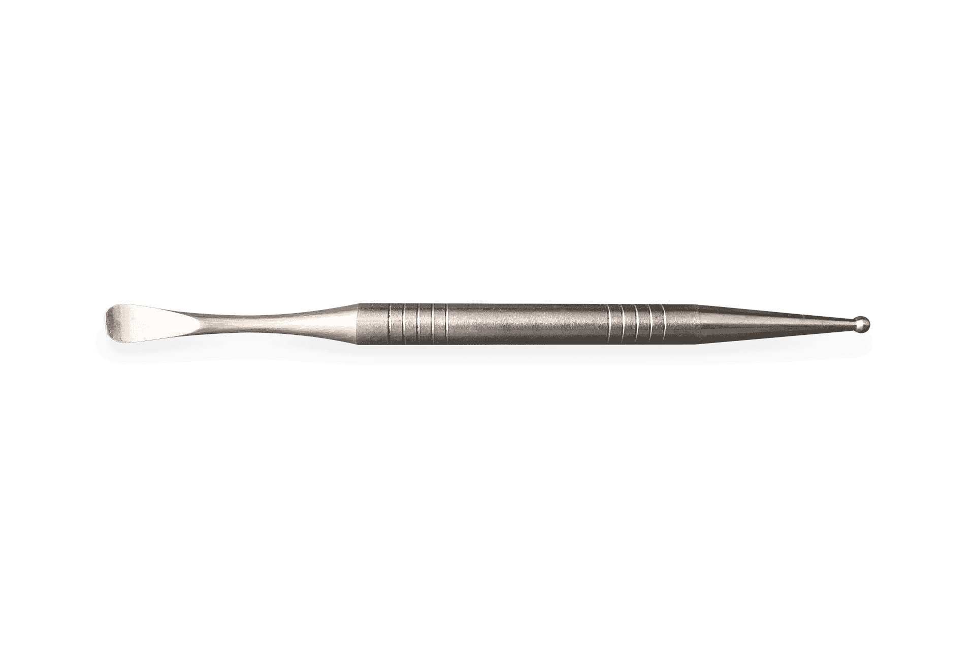 Side-on studio shot of a metallic Nectar Collector Grade 2 Titanium Dab Tool laid flat showing a spooned scoop at one end and a rounded tip at the other.