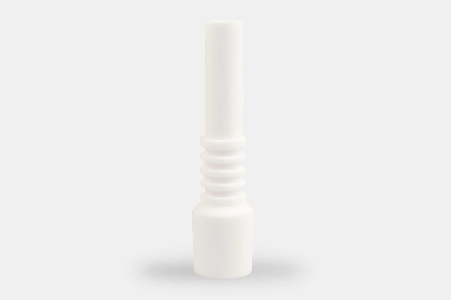 Centered close-up of a white Nectar Collector Wildbird Ceramic Replacement Tip standing upright on a light gray background, showing its smooth cylindrical top and ribbed midsection.