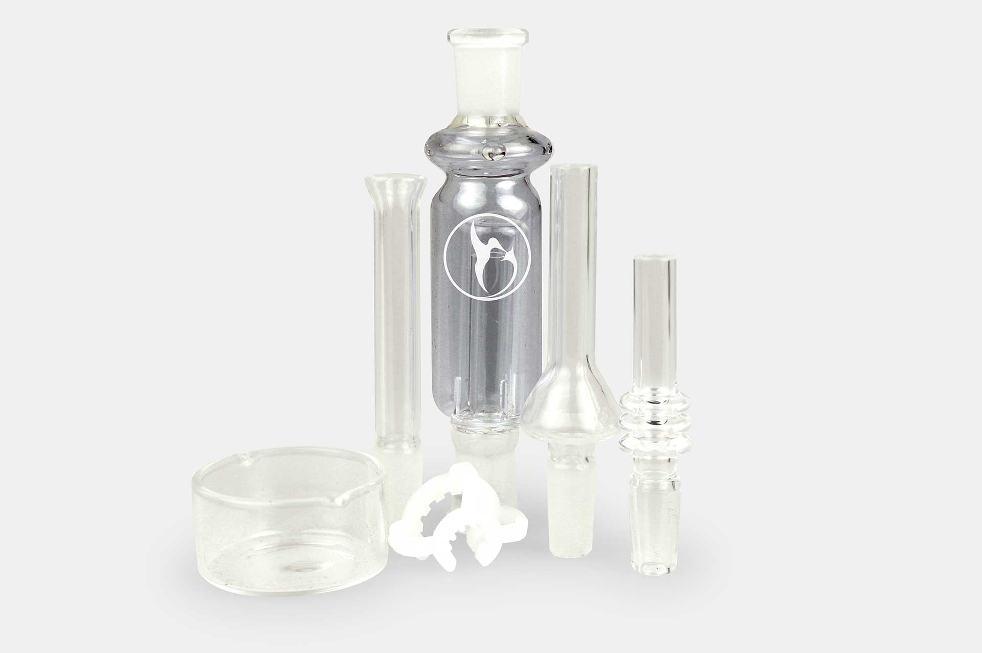 Centered close-up of the Nectar Collector Wildbird Kit showing clear glass tips and a cobalt-hued central body against white.