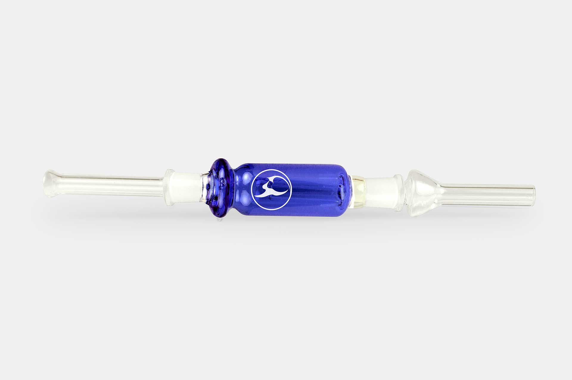 Centered horizontal view of the blue glass Nectar Collector Wildbird Kit with clear glass mouthpieces on a white background