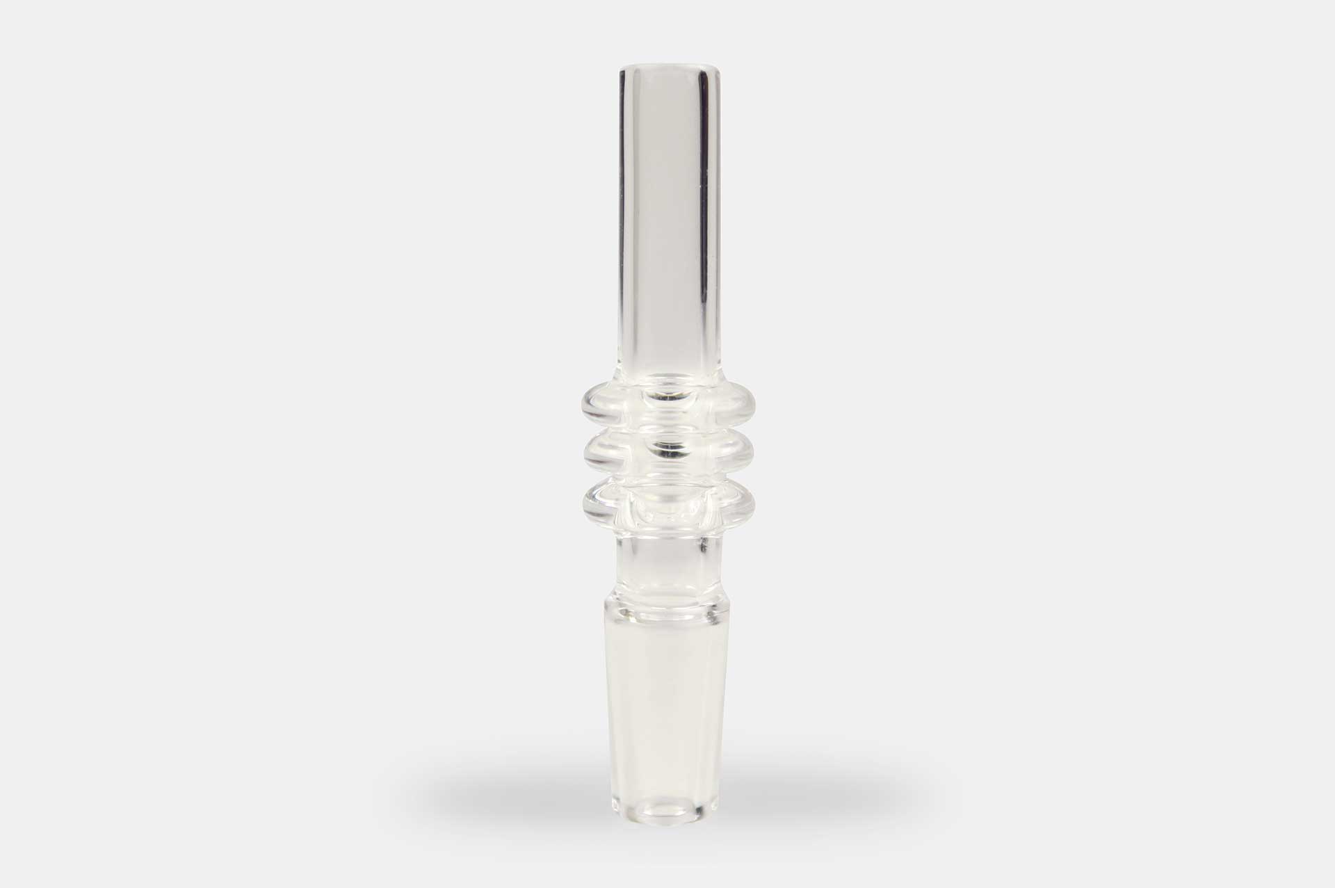 Centered front view of a clear Nectar Collector Wildbird Quartz Replacement Tip with stacked ring details against a soft white background
