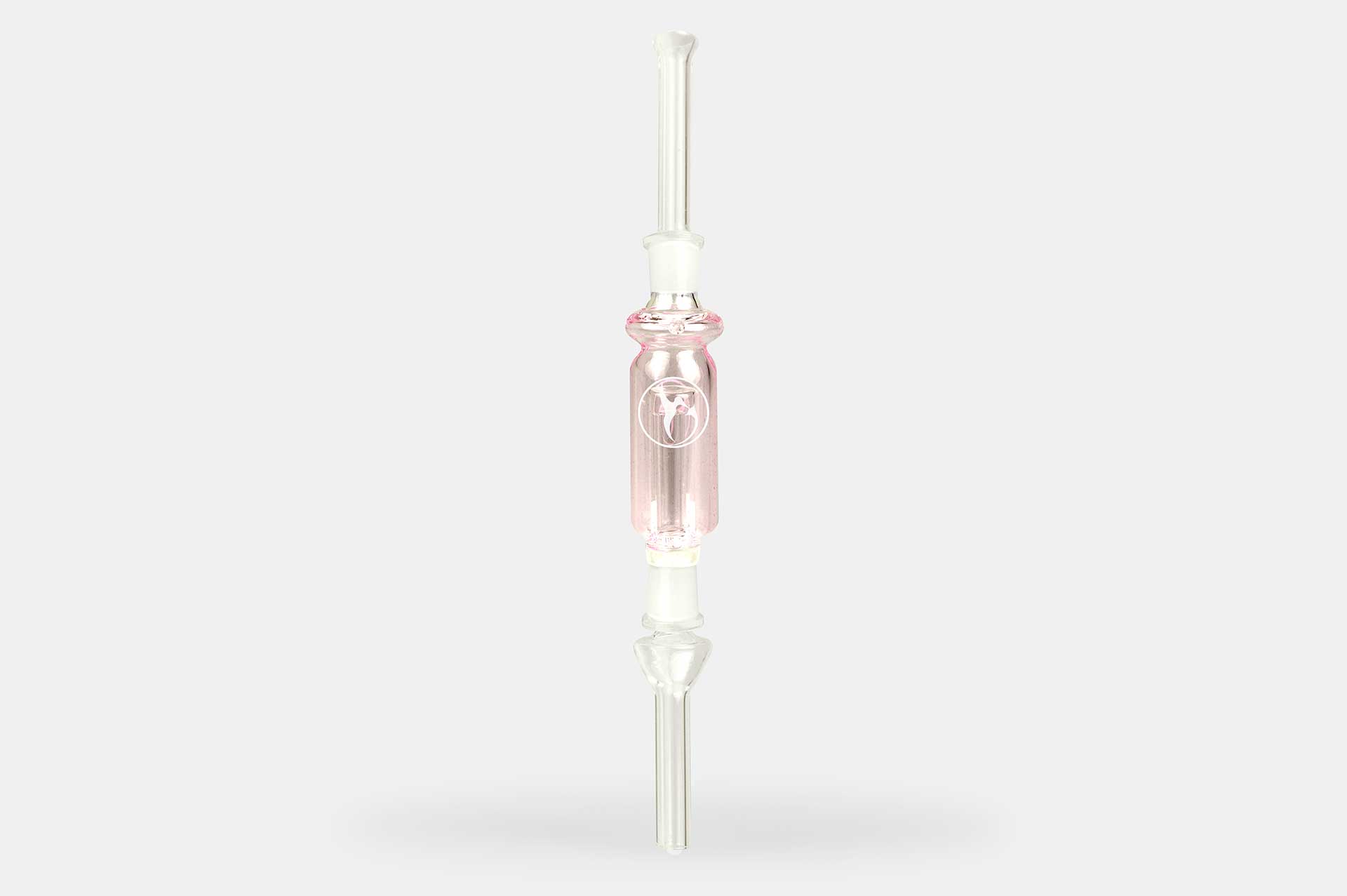 Center-frontal view of the clear glass Nectar Collector Wildbird Kit with a pink central chamber and soft studio reflection on a white background
