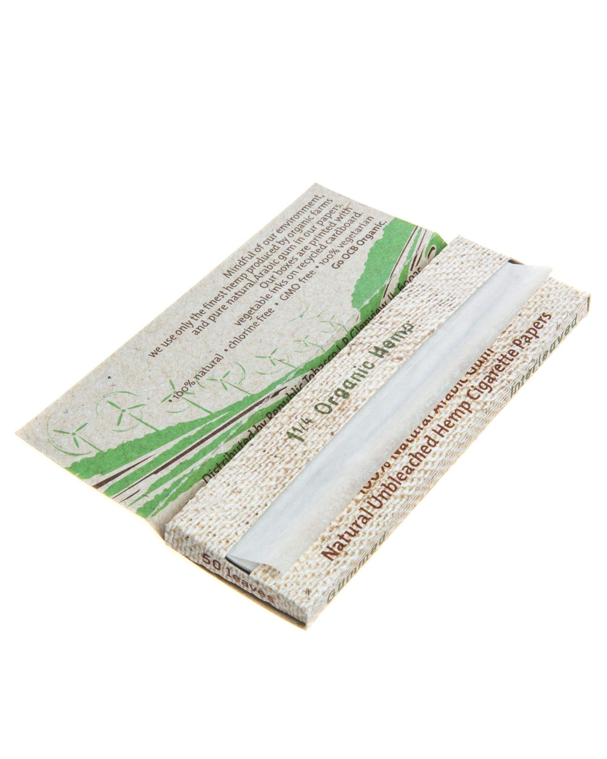 Organic Hemp Rolling Papers are shown in a close-up, displaying a stack of papers with subtle branding details and text.