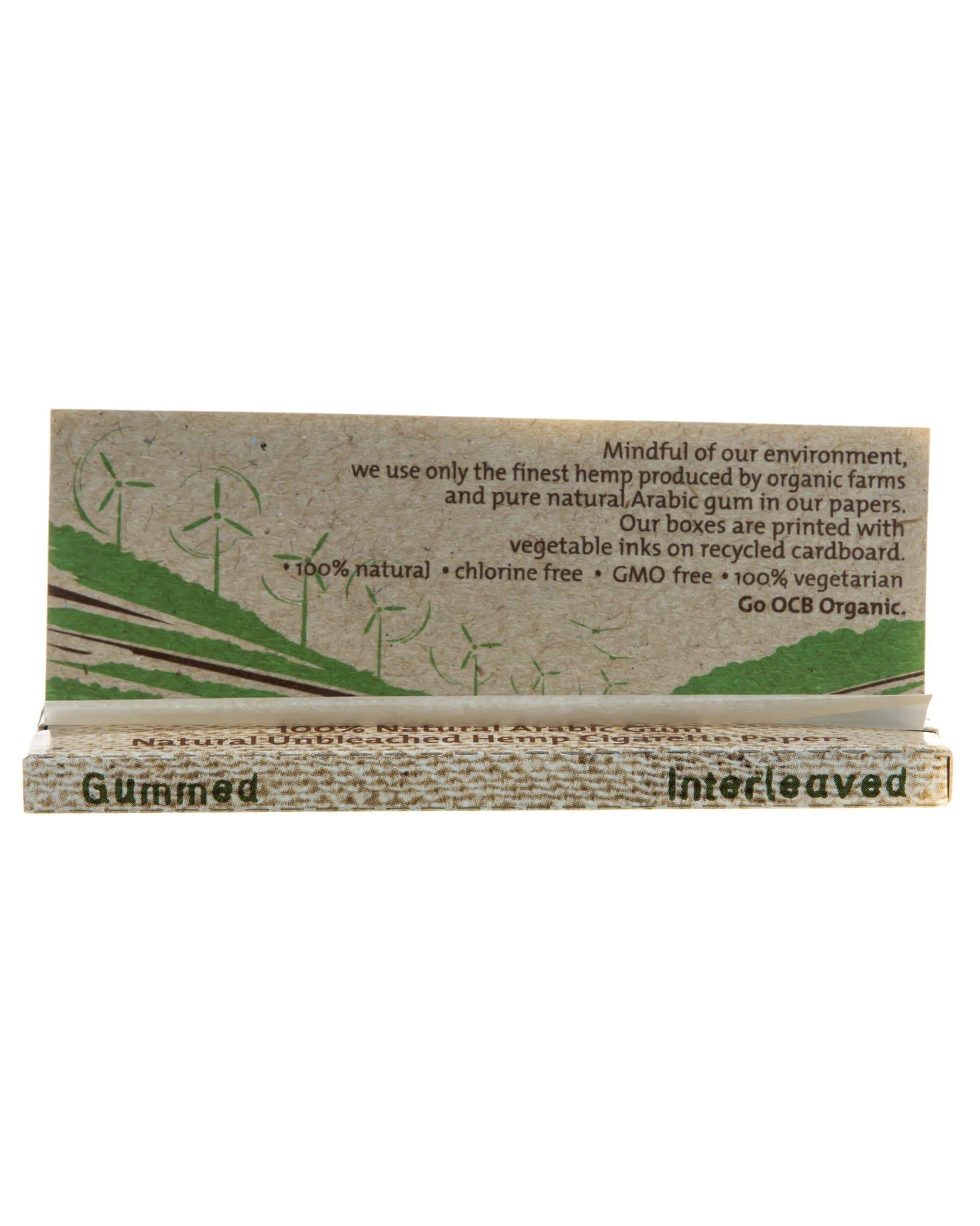 Front view of Organic Hemp Rolling Papers packaging featuring brown paper with green lettering and plant motifs.