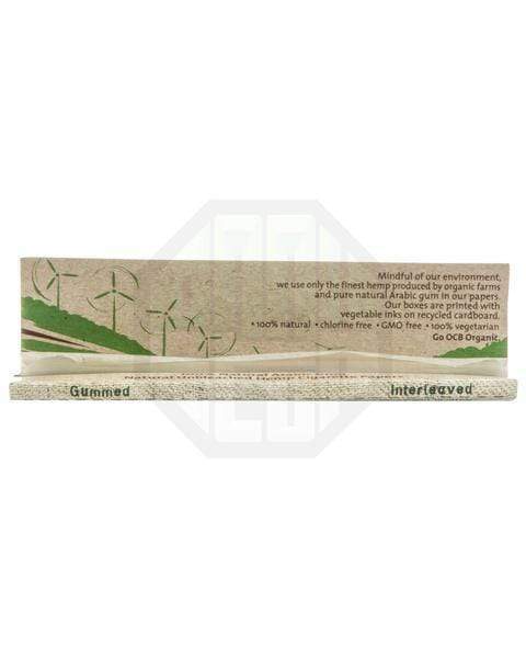 Close-up of Organic Hemp Rolling Papers packaging, displaying text about eco-friendly materials and production on a brown paper background.