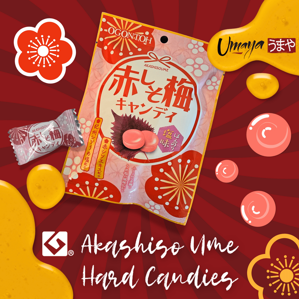 Angled front view of the Japanese Red Perilla & Red Plum Candy pouch on a red patterned background with loose wrapped and unwrapped pink candies visible.
