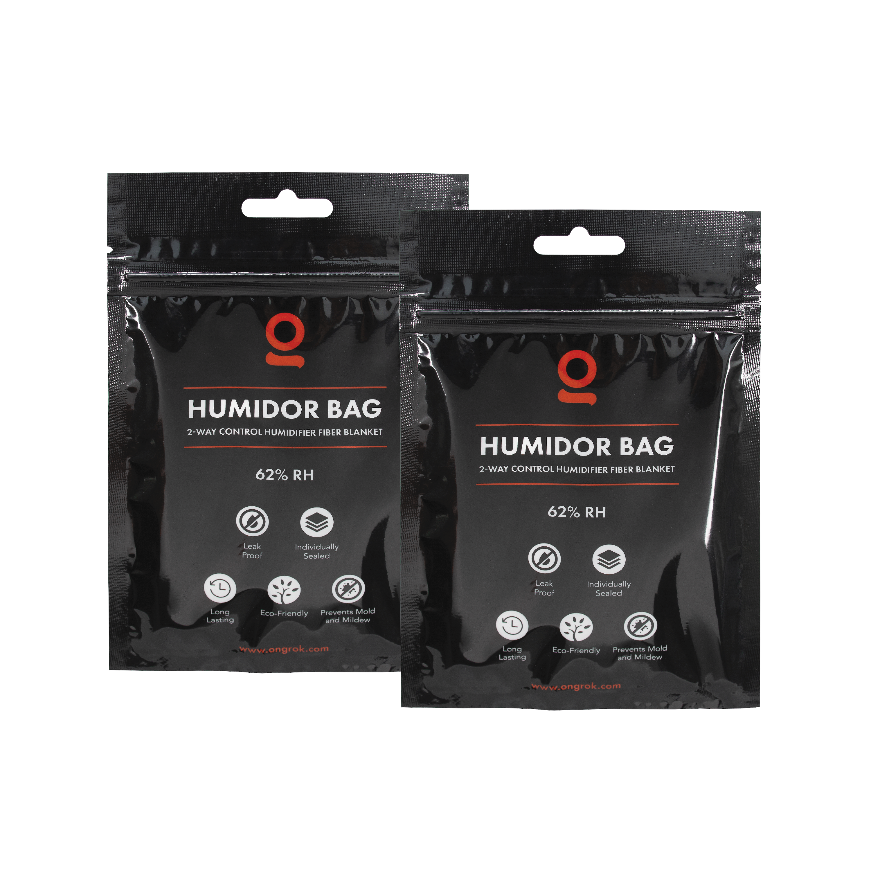 Close-up of two black Humidor Bags showing top hang holes, glossy heat-sealed edges, and white printed icons.