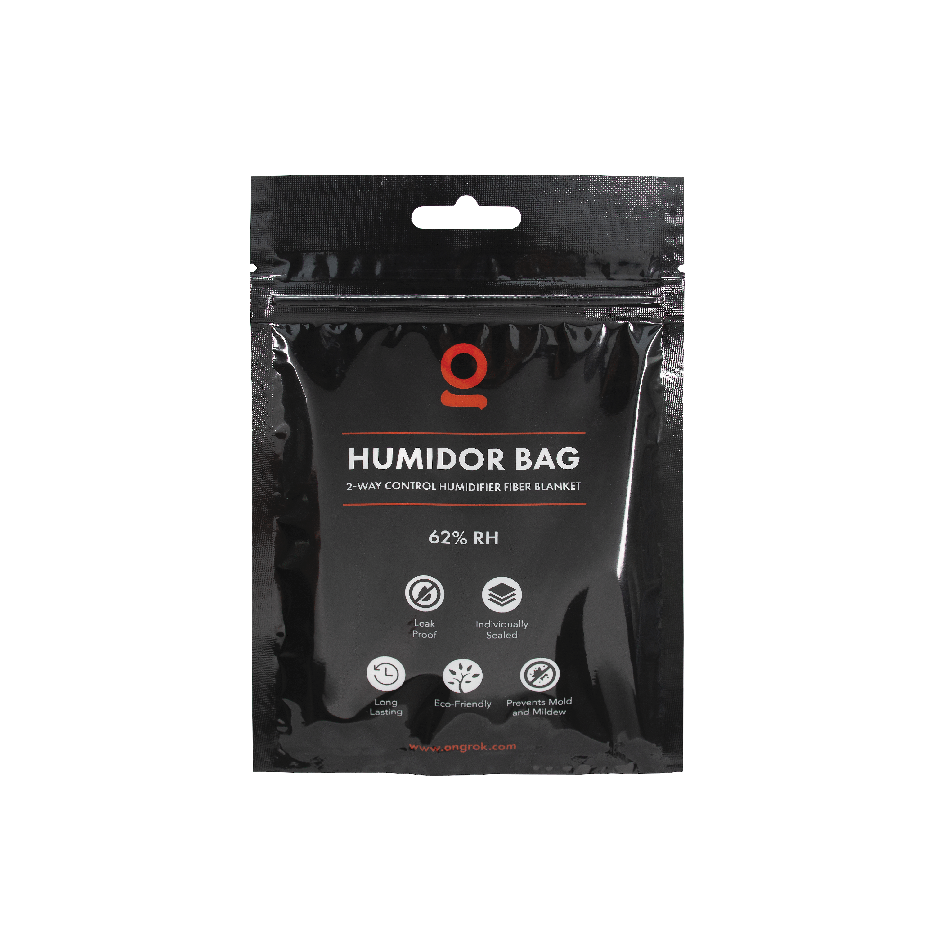 Top-center close-up of the black Humidor Bags packaging showing the hang hole, glossy finish, and partial logo and icons.