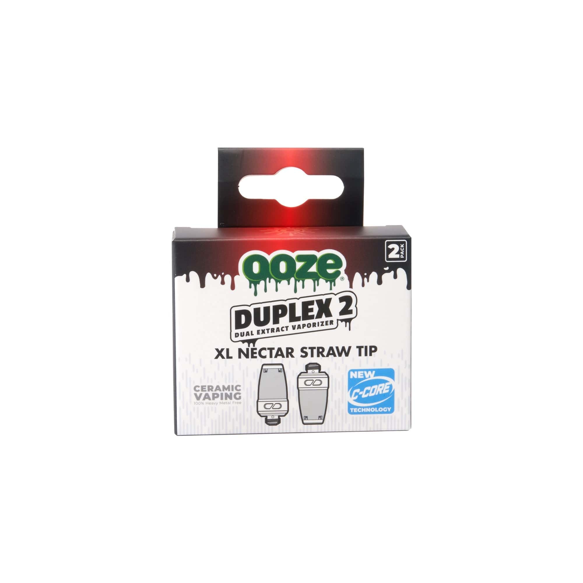 Front view of the Ooze Duplex 2 Replacement XL Nectar Tip 2-Pack, shown in its clear plastic packaging against a plain white background.