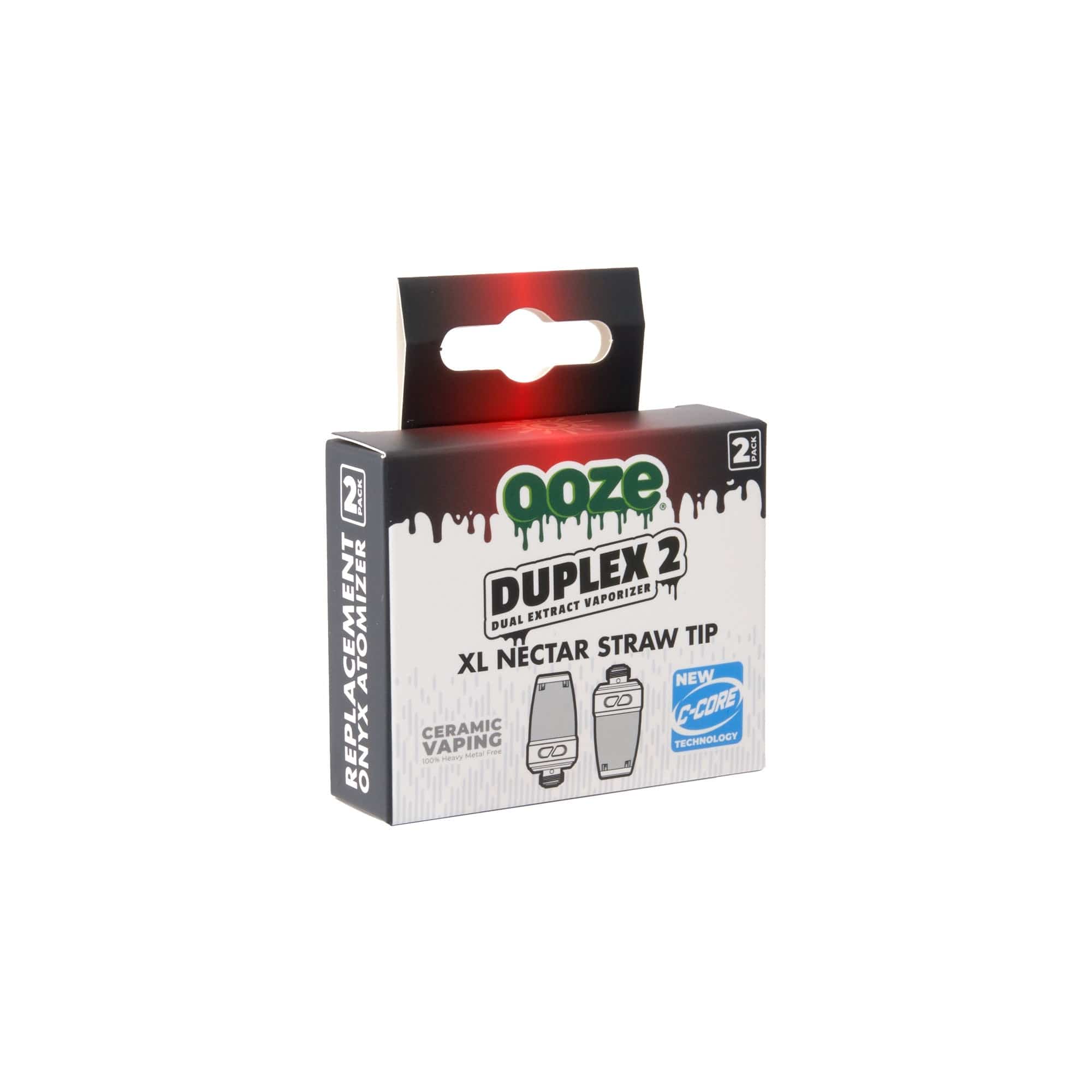 Front view of the Duplex 2 Replacement XL Nectar Tip 2-Pack, showcasing the clear tips against a black background in their packaging.