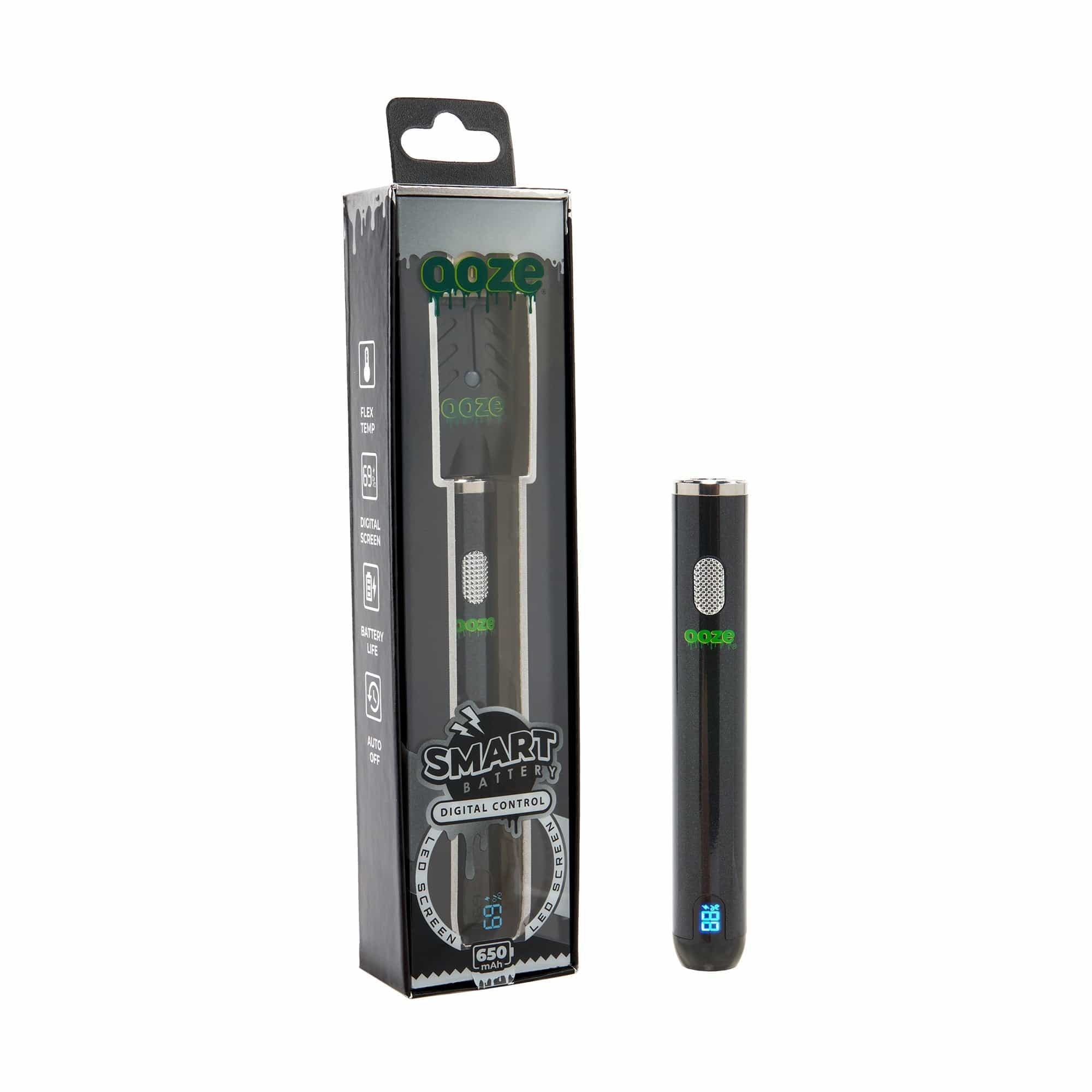 A close-up, angled view of the Ooze Smart Battery - 650 mAh Vape Pen, displaying its digital screen and sleek black finish.